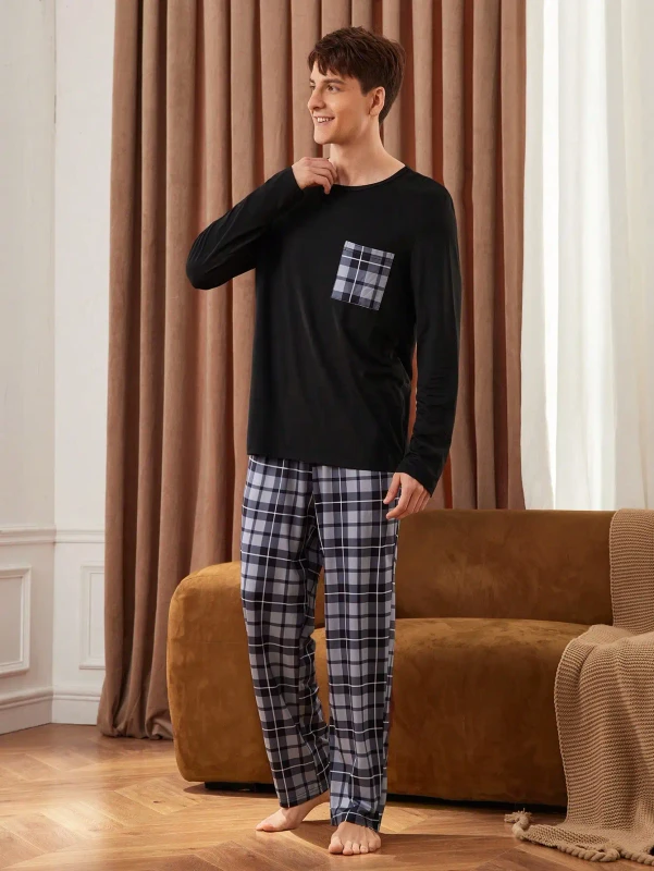 Luxury Ultra Comfortable Sleepwear Plaid Pant Long Sleeve for Men Pajamas With a Pocket