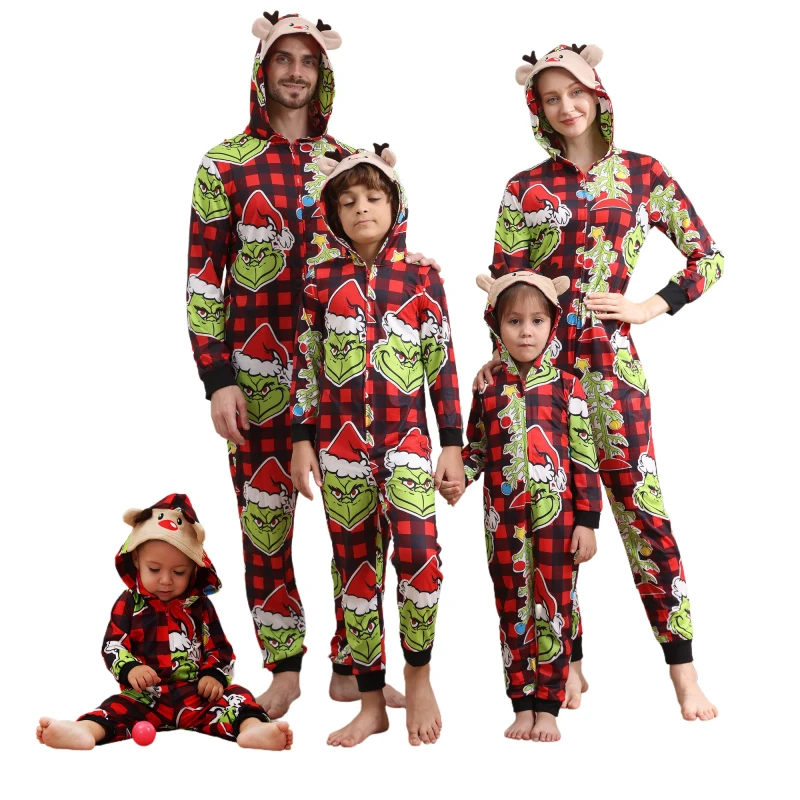 Luxury Vintage Christmas Grinch Print Women's Hooded Onesie Pajamas Cozy Winter Holiday Jumpsuit Elastic Waist for Autumn