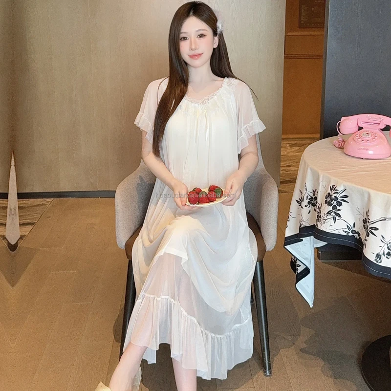 Luxury White Mesh Nightgown Women Elegant Lace Trim Princess Style Sleepwear Ruffle Hem Summer Nightdress