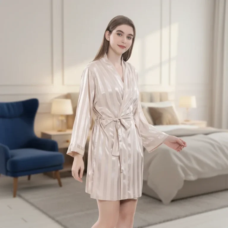Luxury-Womens-Jacquard-Stripe-Silk-Satin-Robe-Smooth-and-Soft-Long-Sleeve-Knee-Length-Morning-Dress-Gown