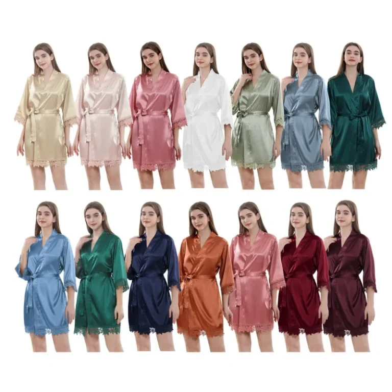 Luxury-Womens-Kimono-Robes-Bridal-Party-Silk-Satin-with-Lace-Trim-Wedding-Bridesmaids-Flower-Girls-Knee-Length