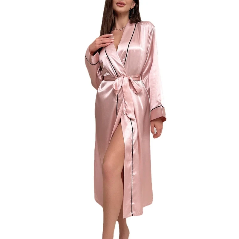 Luxury Women's Long Sleeve Satin Bridesmaid Pajamas Bathrobe Summer Nightgown Sleepwear Smooth Fabric