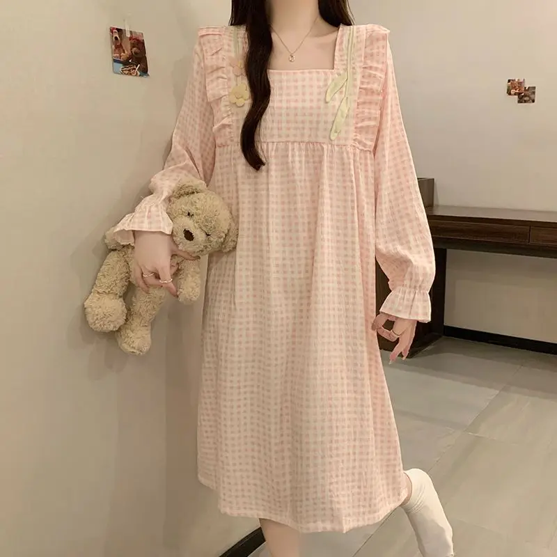 M-2XL Cotton Nightdress Princess Wind Flower Ruffle Lounge Sets Sweet Plaid Printing Sleepwear for Women
