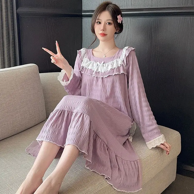 M 5XL Plus Size Cotton Women's Sleepwear Lace Trim Nightdress Breathable Pajama Homewear for Spring and Autumn