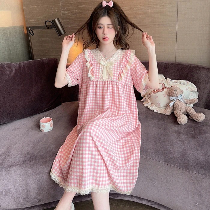 M 5XL Plus Size Women's Sleepwear Printed Nightgown Cotton Lace Short Pajamas Plaid Lattice Set Knitted Cute Set Soft Nightdress