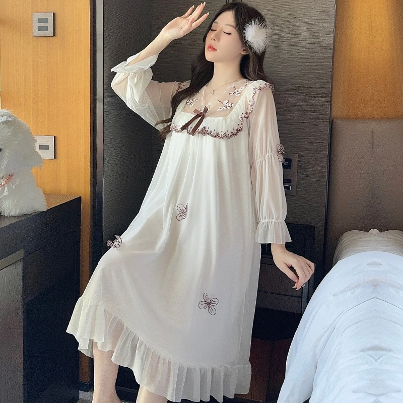 M XXL New Design Spring and Autumn Pajamas Solid Color Mesh Nightdress Lace Trim Long Sleeve Sweet Women's Sleepwear