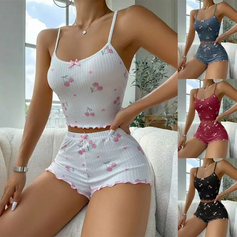 MHK84 Fashion Printed Vest Pajamas Set 2pcs Big Elastic Camisole and Shorts Set Sexy Girls Casual Loungewear Homewear
