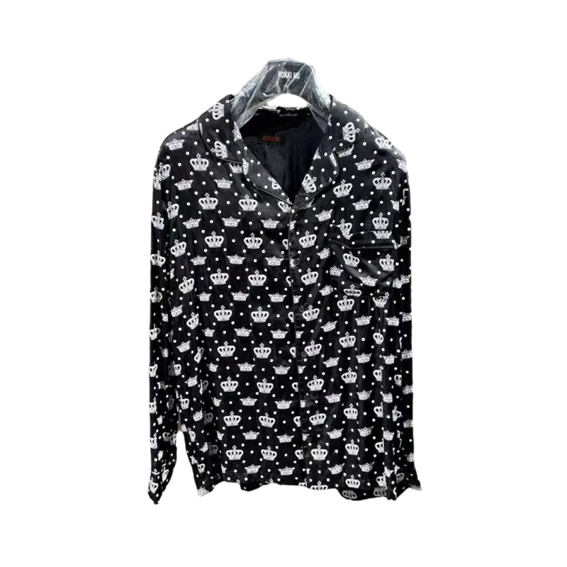 MOQ 1 Piece Customizable Men's Silk Crown & Polka Dot Print Long Sleeve Pajama Style Button-Up Shirt