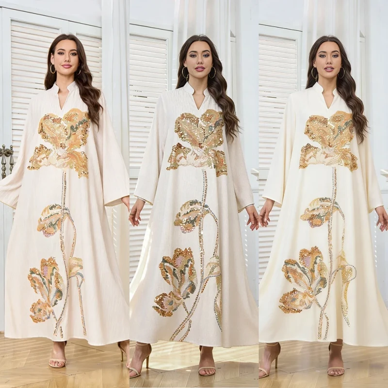 MT508 Middle East Spring New Arrival Polyester Kaftan Embroidery Sequin Long Sleeve Women's Dress Robe