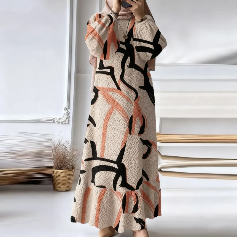 Malaysian Muslim Women's Retro Long Sleeved Dress Solid Color Robe for Spring Autumn Casual Plus Size Clothing