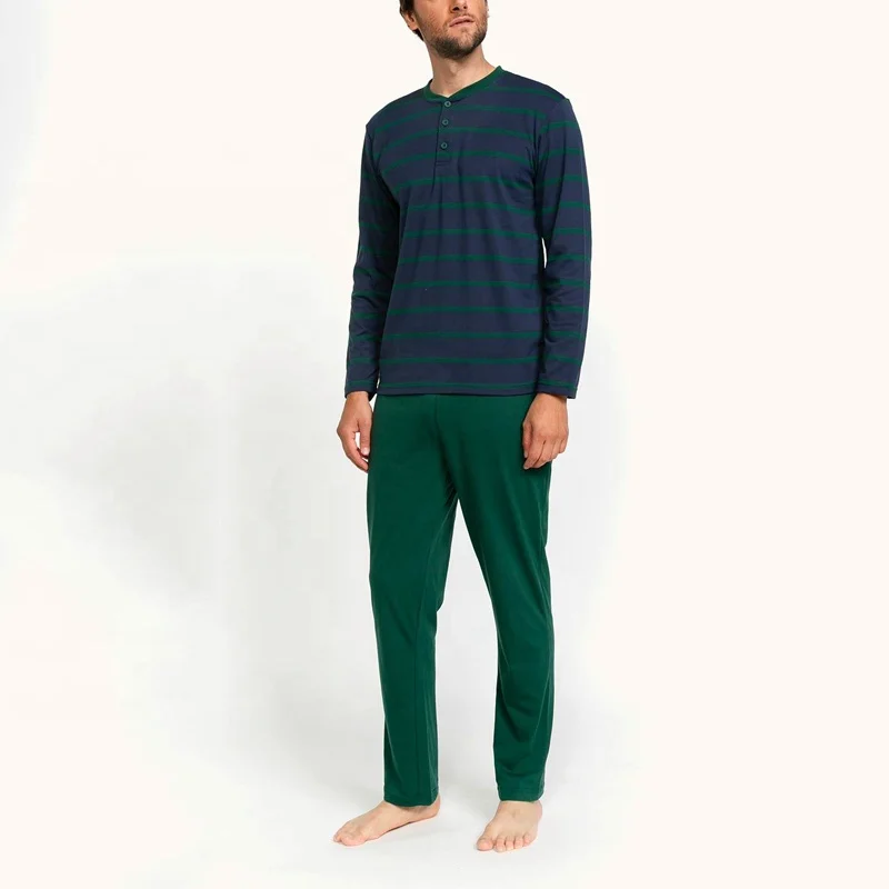 Man Soft Pajama 2 Pieces Sets Long Sleeve Top Pants Cotton Polyester Single Jersey Men's Set Mens Sleepwear