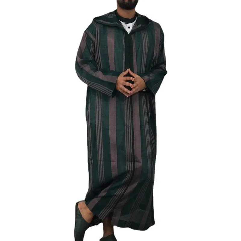 Manufactory Custom Style or Logo ODM Men Islamic Arabian Striped Hooded Zipper Muslim Autumn Streetwear Casual Islamic Robe