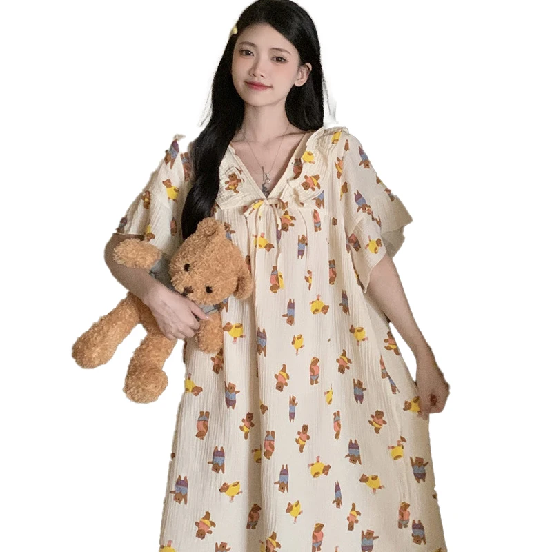 Manufacturer Casual Summer Nightdress for Women Loose Floral Print Pajamas with Ruched Skirt Home Clothes