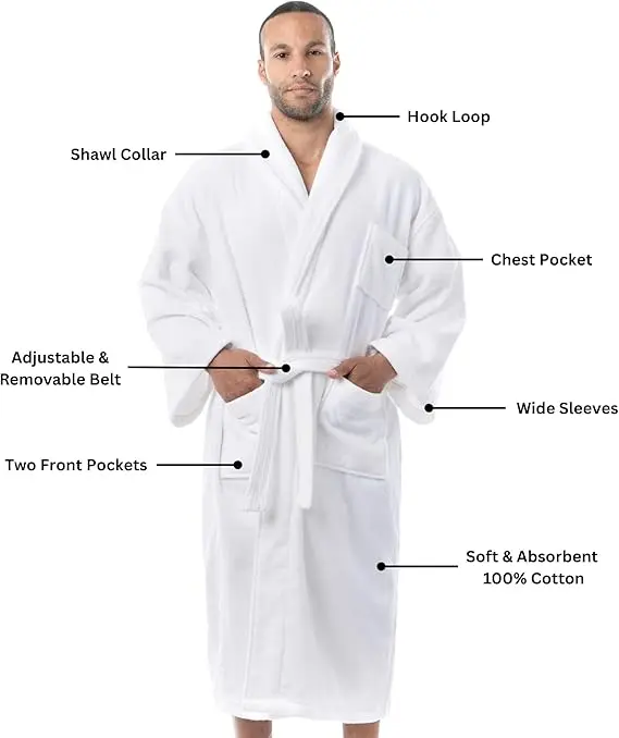 Manufacturer Custom 100% Cotton Hotel Bathrobe Terry Cloth Robes Womens Embroidered Logo Womens Men's Sleepwear Bath Robes