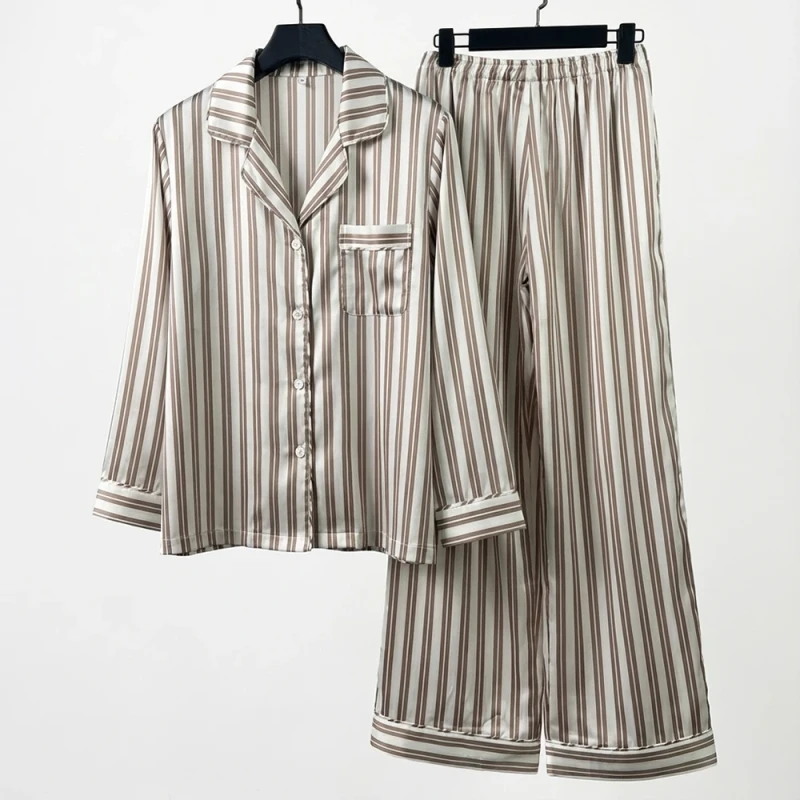Manufacturer Custom Luxury Pajamas Suit Women's Long Sleeve Striped Print Silk Satin Pajamas Sets Women