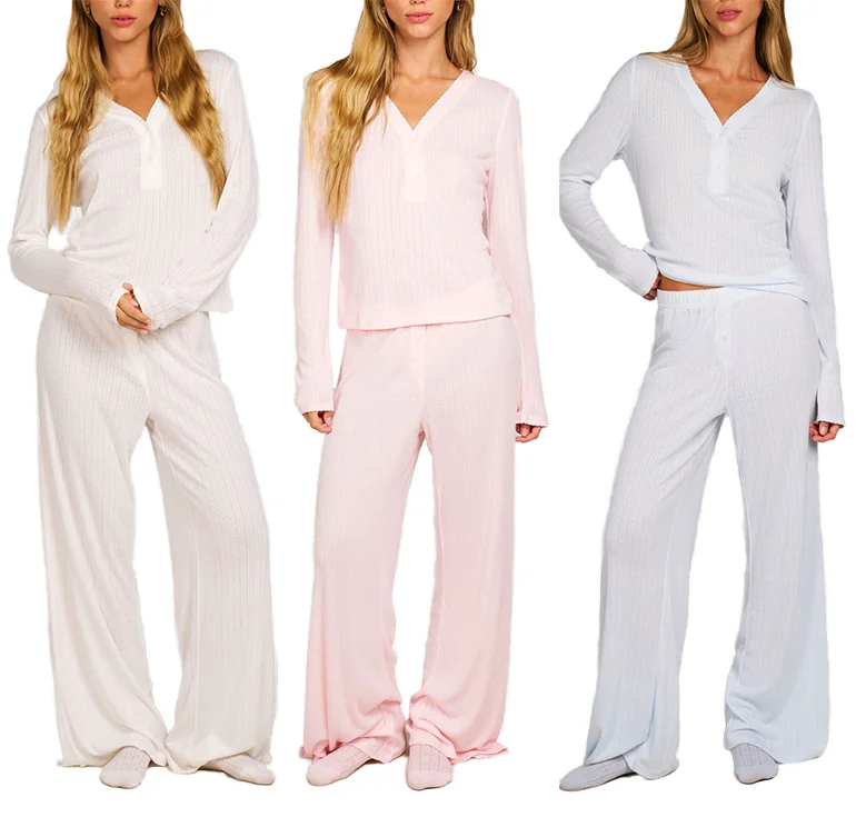 Manufacturer Custom Printed Bamboo Modal Cotton Pajamas for Women ODM Winter Pointelle Pyjamas Femme Pjs Pajama Sets