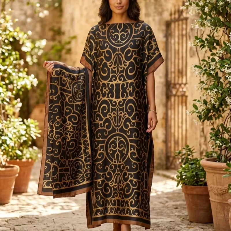 Manufacturer Women's Breathable Polyester Two-Piece Kaftan Set Printed Robe Headscarf Ladies Modern Dress African