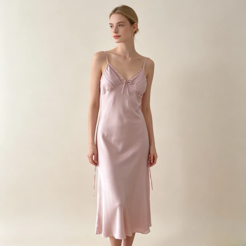 Manufacturer Women's Satin Nightdress Pleated Bust Lace Slip Dress Side Slit Drawstring Midi Pyjamas Sleepwear Custom OEM