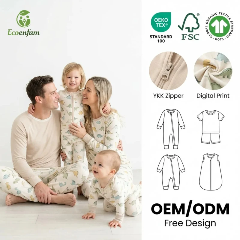 Matching Family Bamboo Pajamas for Kids and Adults YKK Zipper Custom Pattern Sleepwear Manufacturer