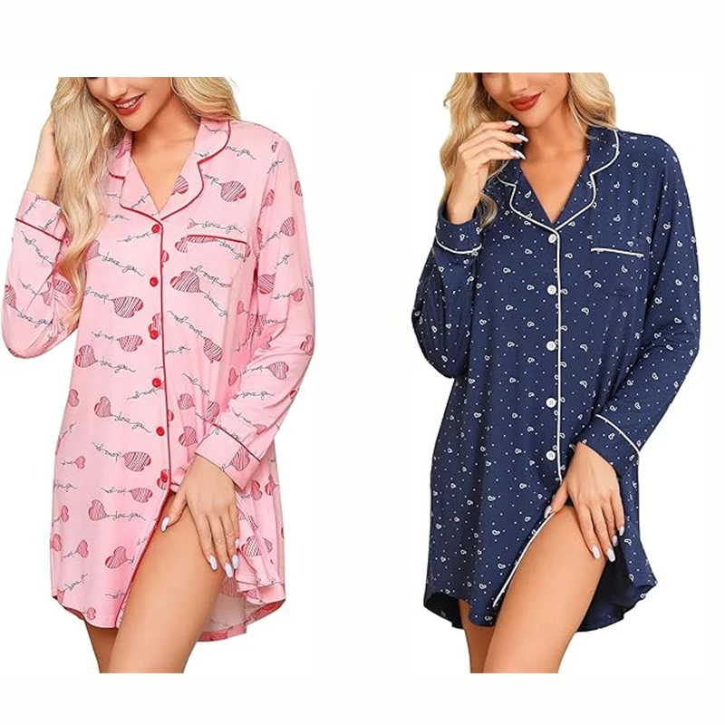 Maternity Nightgown Nursing Women Pajamas Long Sleeve Sleepshirt Button Down Sleepwear Nightdress