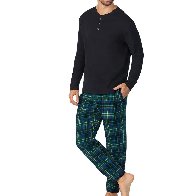 Men Henley Style Plain Color Sleepwear Long Sleeve Top and Flannel Plaid Pants Men's Pajamas Pants With Drawstrings
