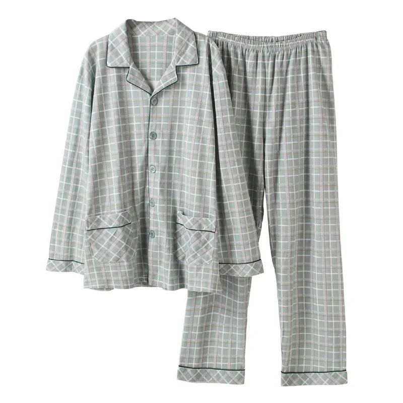Men Pajama Set Autumn Turn-down Collar Long Sleeve Men's 2 Pieces Cardigan Pajama Set