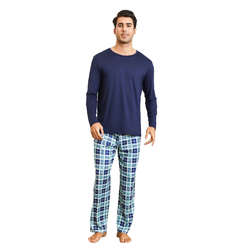 Men Pajama Set Long Sleeve Plaid Pants Soft Cotton Sleepwear Home Loungewear Casual Nightwear