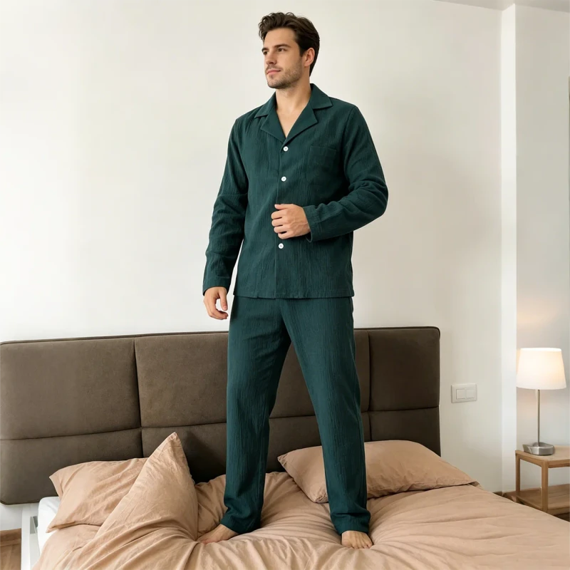 Men Sleep & Lounge 2pcs Double Gauze European Sleepwear Custom Mens Linen Pajamas