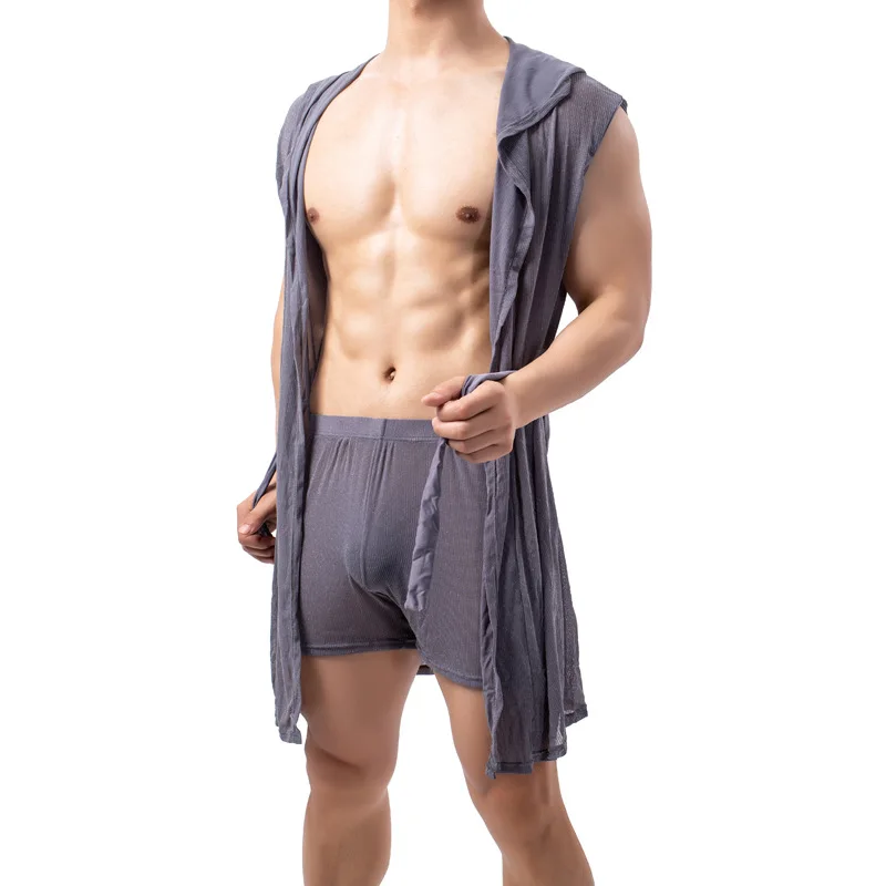 Men Summer Dress Bath Robe Sleeveless Hooded Casual Bathrobe Nightgown