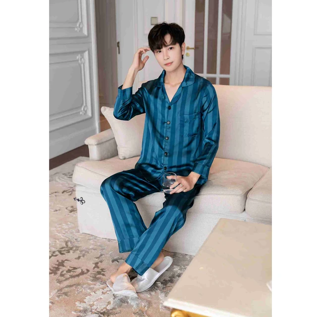Men long Sleeve Luxury Silk Satin Pajama Set Men's turn down collar Striped 2 piece pajama set