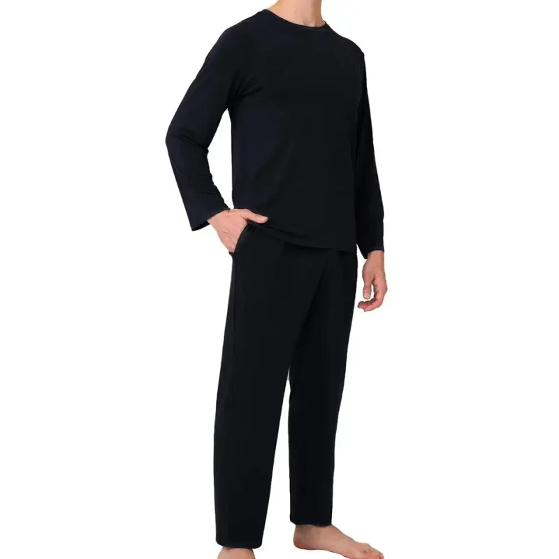 Men's 100% Cotton Casual Knitted Sleepwear Long Sleeve Round Neck Pajama Top & Breathable Soft Loose Fit Pants 180g