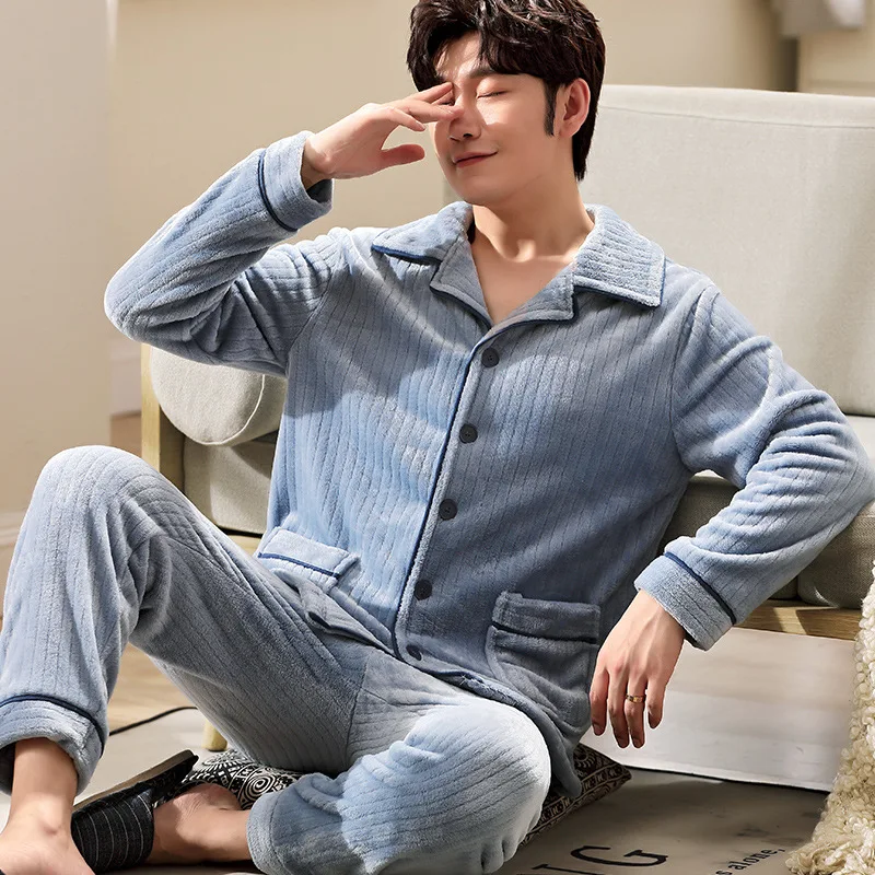 Mens 100% Cotton Flannel Long Sleeve Solid Color Cardigan Pajamas Large Size Home Suit for Leisure