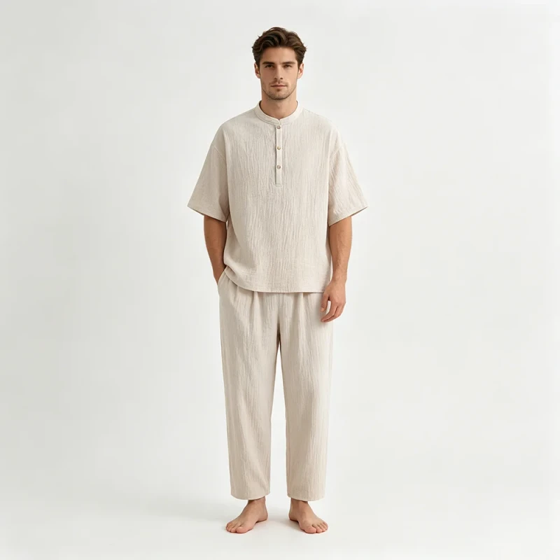 Men's 100% Cotton Pajamas Set Daily Short Sleeve Loungewear Bulk Pure Cotton Adult Male Sleepwear