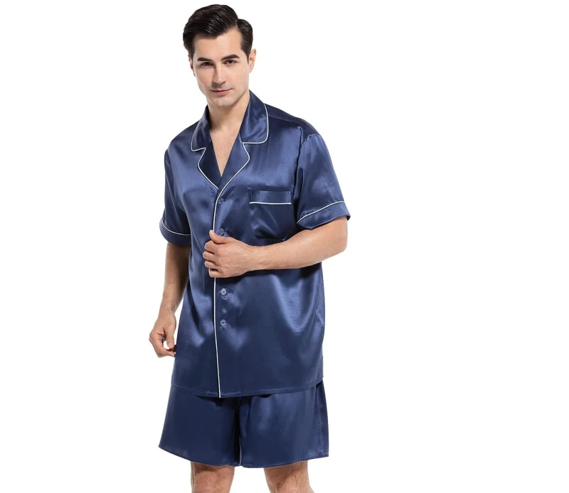 Men's 100% Silk Pajamas Set Short Sleeve Sleepwear 2PC Button Down PJ Set