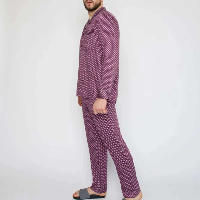 Men's 100% Viscose Woven Thermal Breathable Quick Dry Home Wear Pajama Set Long Sleeve Top Loose-Fit Trousers Exquisite