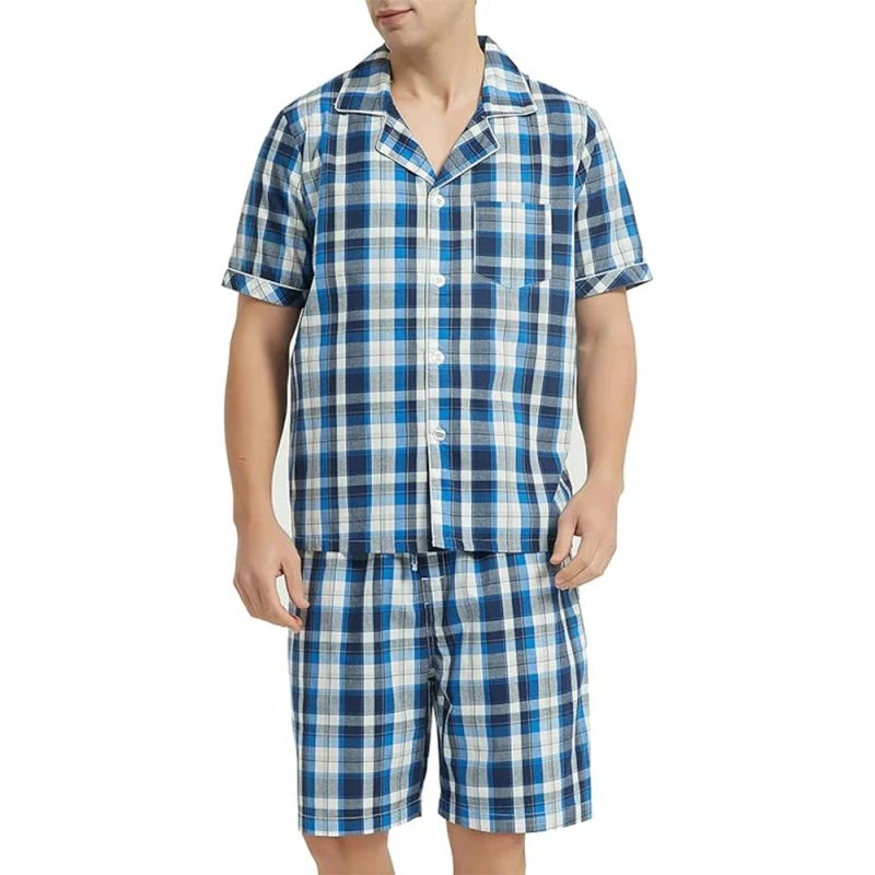 Mens 100Percent Cotton Lightweight Button Down Short Sleeve Pajama Set for Men Sleepwear