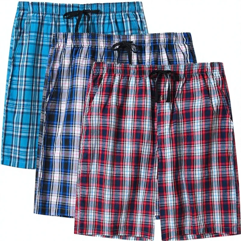 Men's Adult ODM 100% Cotton Boxer Shorts Sleepwear Pajama Bottom Lounge Plaid Button Open Fly 3Pack