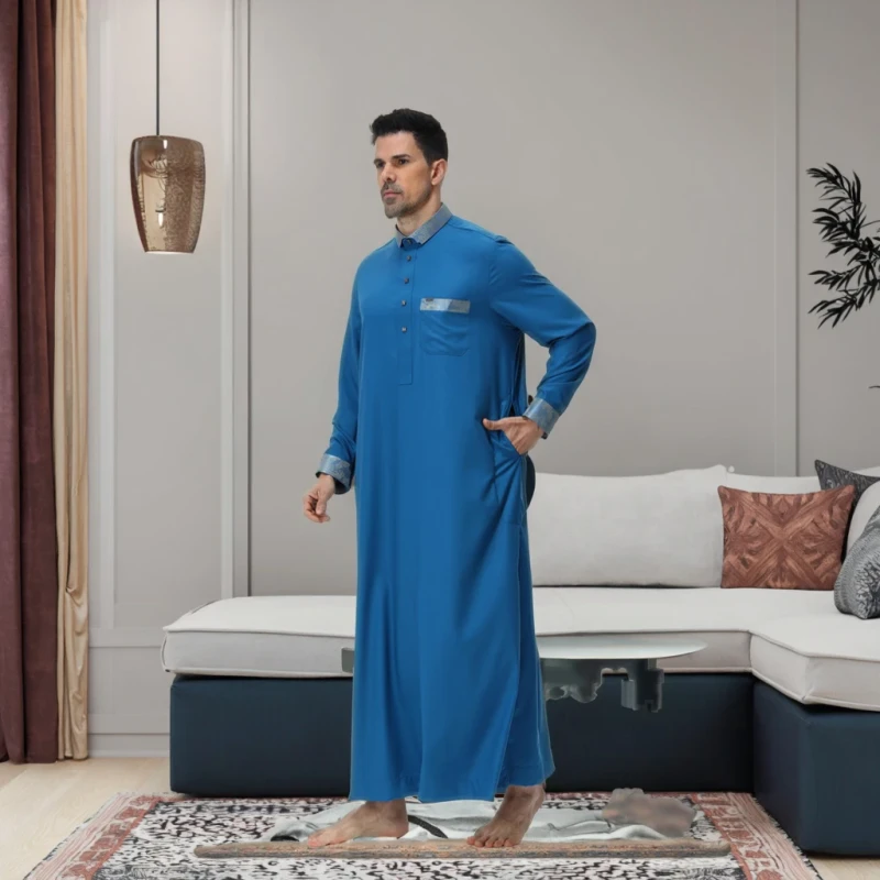 Men's Autumn Washed Velvet Qatari Robe Men Thobe Modest Muslim Abaya Dress Similar Dubai Burqa Arab