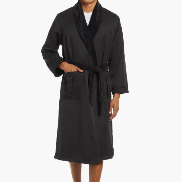 Men's Black Robe Long Length Fleece Lined Custom Logo Woven Print Embroidered Pattern Pajama Set