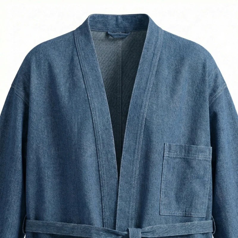 Men's Blue Denim Kimono Jacket Belted Wrap Robe Coat Oversized Pocket Workwear Jacket