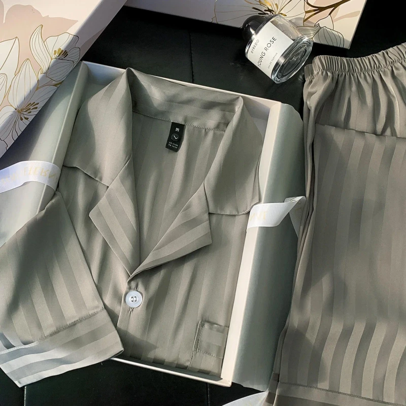 Men's Breathable Comfortable Cool Ice Silk Long Sleeve Pajama Set All season Gift Box Boyfriend Husband Dad