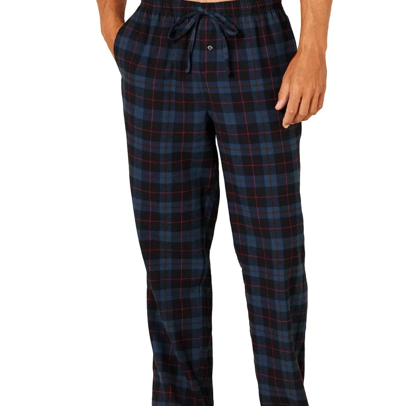 Men's Breathable Cotton Flannel Plus Size Striped Print Thermal Woven Pajama Pants for Summer and Spring