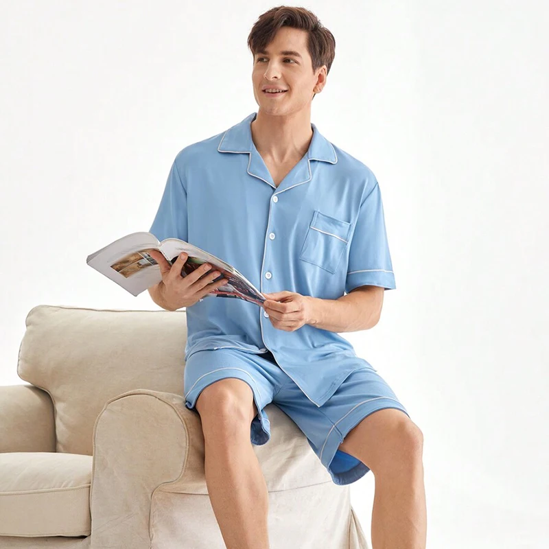 Men's Breathable Eco-friendly Fashion Knitted Solid Color Sleepwear Set 2 Piece Home Wear Button Short Sleeve Pajamas