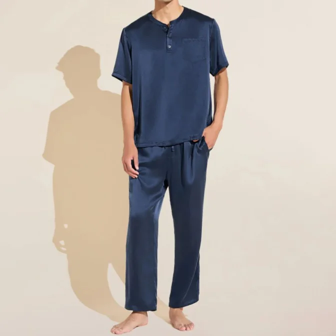Men's Breathable Silk Satin 2-Piece Pajamas Set Short Sleeve Pants Casual Sleepwear Two Sets Included