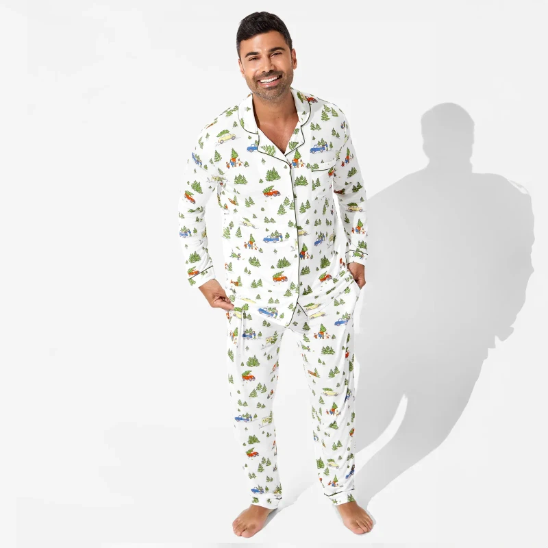 Men's Breathable Thermal Long Sleeve Two Piece Bamboo Pajama Set Button Down Home Wear Summer Lounging Sleepwear Quick Dry