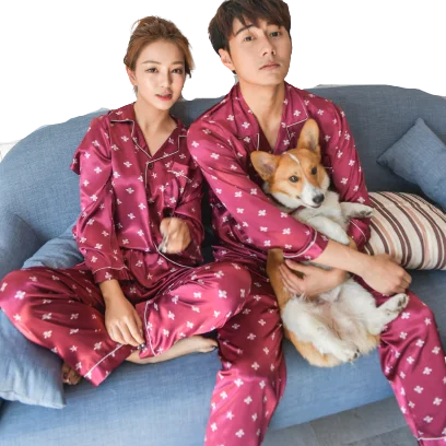 Men's Button Down Satin Pajama Set Long Silky Pjs Cozy Classic Printing Custom Sleepwear Couples Mature Nightwear for Honeymoon