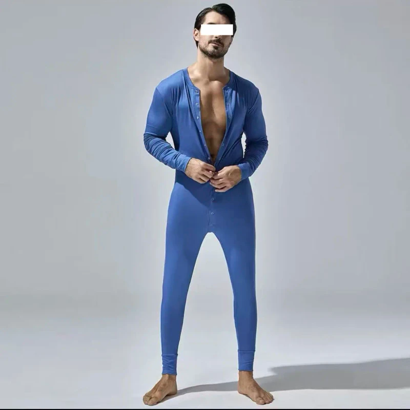 Men's Button up Long Sleeve Onesie Pajamas Slim Fit One Piece Loungewear