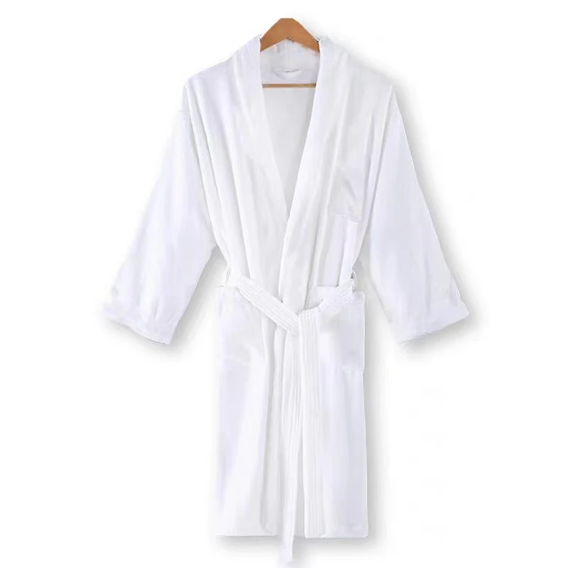 Men's Calf Length White Terry Thermal 100% Cotton Long Sleeve Fashion Bathrobe Plain Dyed Woven Customized Solid Color