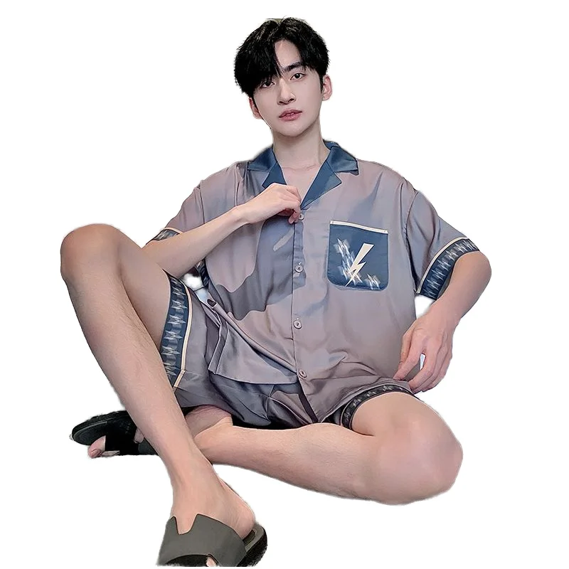 Men's Cardigan Lapel Pajamas Short Sleeve Shorts Long Pants 3 in 1 Pajamas Ice Silk Summer Comfortable Casual Men's Home Wear