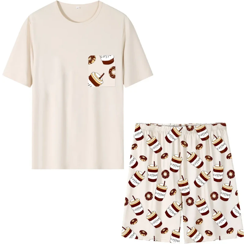 Men's Cartoon Pattern Leisure Spandex Polyester Knitted Fabric Pajamas Digital Printing Short Sleeve 2 Piece Simple Casual